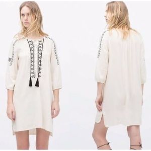 New Zara Boho Off White Embroidery Peasant Tunic Dress